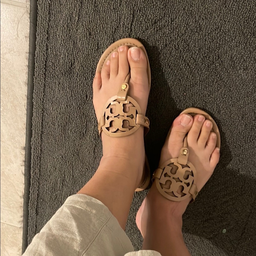 Tory Burch Tan Leather Sandals with Medallion Logo